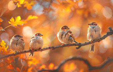 Wall Mural - Three small birds perched on an oak branch in autumn, surrounded by yellow and orange leaves. 