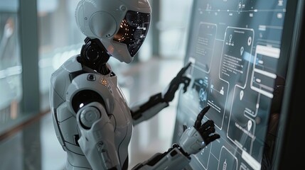 Fototapete - A humanoid robot interacts with a large touchscreen interface displaying various AI functions and options in a modern, sleek setting. Generative AI