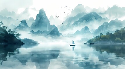 Blue and green boat and foggy mountains illustration poster background