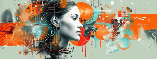 Wall Mural - abstract art merging a female profile with technological and creative elements symbolizing innovativ