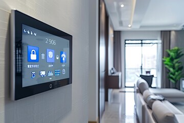 Fototapete - A sleek touchscreen control panel on a contemporary wall in a smart home offers home automation for lighting, security, and climate control. Generative AI