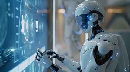 Fototapete - A humanoid robot interacts with a touchscreen interface, displaying AI functions, in a sleek and modern environment. Generative AI