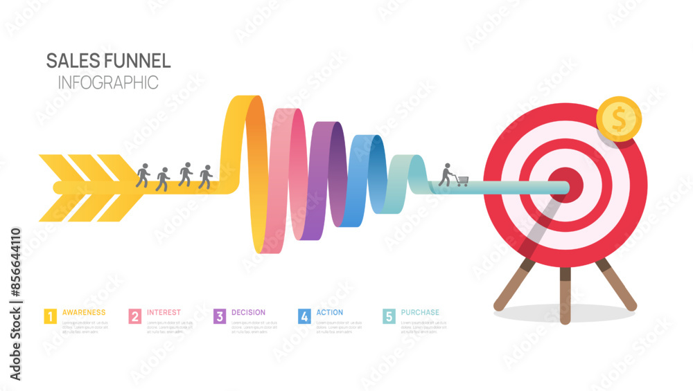 sale funnel Target arrow 5 steps to goal infographic template for ...