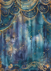 Wall Mural - open curtain night sky with stars in blue and purple for junk journal, watercolor and ink design for
