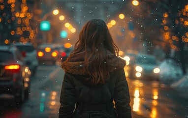 Canvas Print - A woman is walking down a street in the rain, with cars and street lights in the background