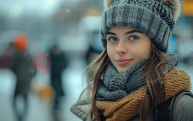 Canvas Print - A woman wearing a gray hat and scarf is smiling. She is standing in the snow with other people around her