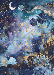Wall Mural - flower and starry night sky. watercolor and ink design for printing paper, junk journal, craft art, 