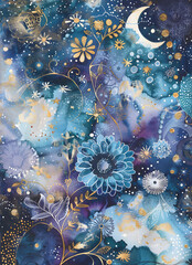Wall Mural - flower and starry night sky. watercolor and ink design for printing paper, junk journal, craft art, 