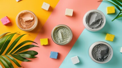 Poster - Top view of cosmetic clay and spa products on colorful background