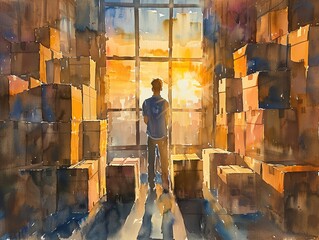 A person standing in a room filled with boxes, gazing out of a large window as the sun sets, casting a warm glow over the scene.