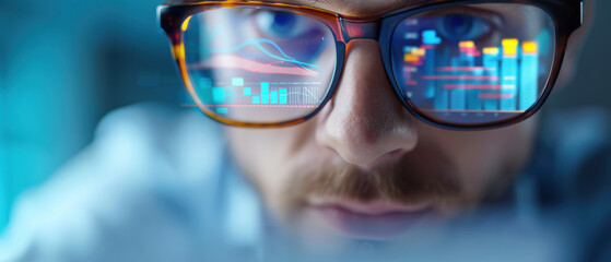 A man wearing glasses is looking at a computer screen with a lot of numbers
