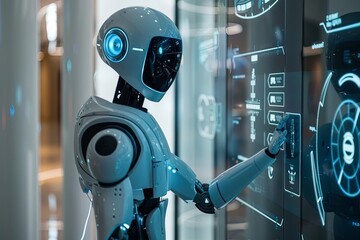 Fototapete - White humanoid robot with a touchscreen, interacting with human in modern setting. Hand on screen showing AI functions/options. Generative AI