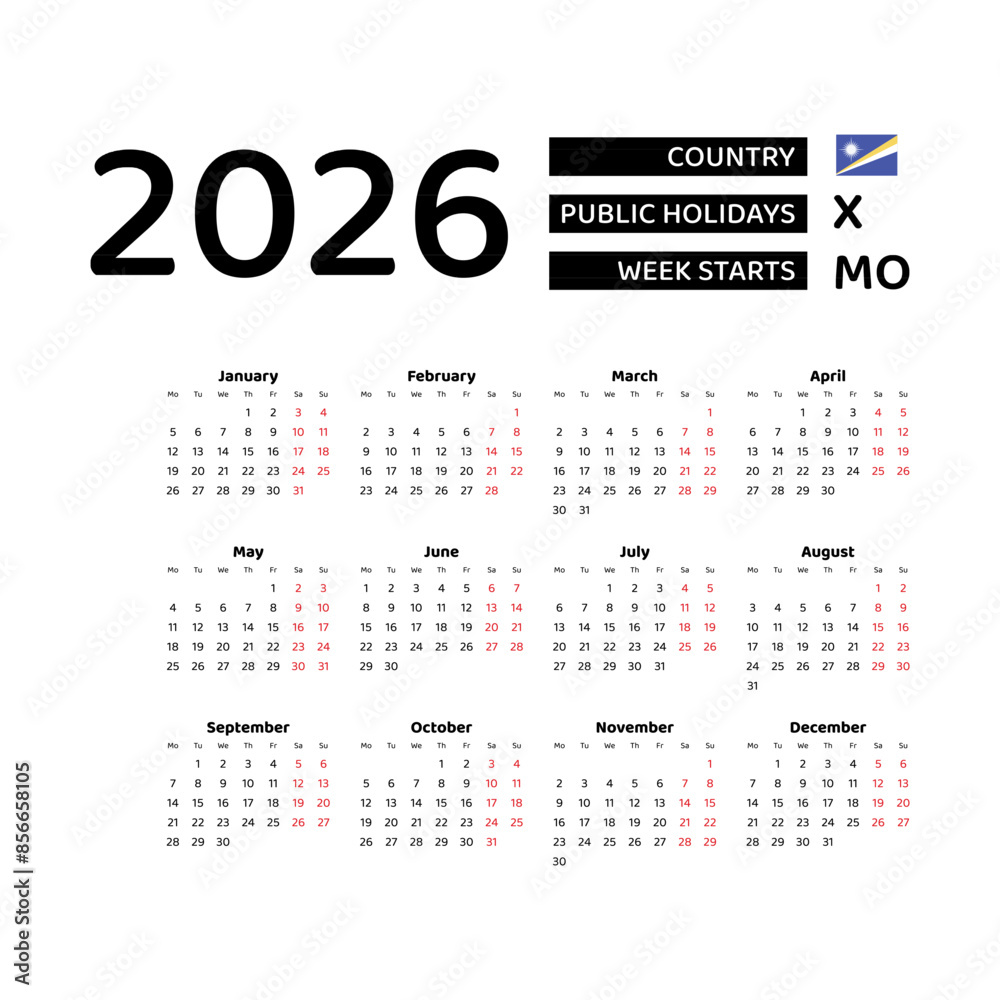 Marshall Islands Calendar 2026. Week starts from Monday. Vector graphic ...