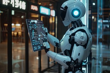 Fototapete - A white humanoid robot with a touchscreen interface interacts with a human in a sleek, modern setting. Generative AI