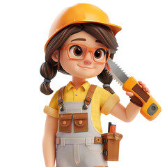 3d cartoon illustration of angled view close up shot of a female carpenter holding a saw, smiling, looking at camera isolated on a white transparent background