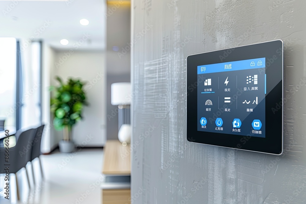 In a smart home, a modern control panel on the wall offers touchscreen ...