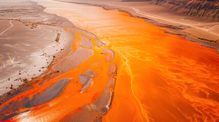 Aerial view of the vibrant orange and red rio tinto river, showcasing the unique coloration due to iron oxide