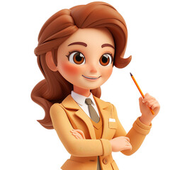 3d cartoon illustration of angled view close up shot of a female teacher holding a chalk, smiling, looking at camera isolated on a white transparent background