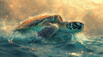 Vibrant Sea Turtle Swimming Underwater, Oceanic Life Artwork