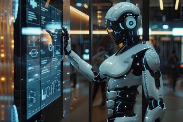 Fototapete - A humanoid robot with a white exterior interacts with a touchscreen interface in a sleek, modern environment. The screen displays various AI functions and options. Generative AI