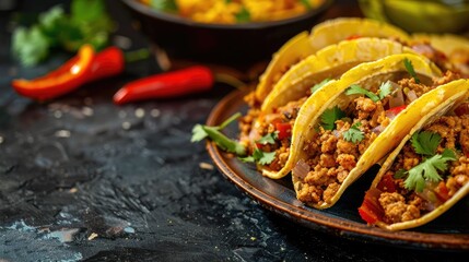 Delicious Mexican tacos with meat, beans and vegetables on a dark background. Close up