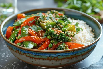 Wall Mural - A bowl of food with rice and vegetables