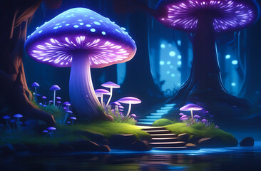 Wall Mural - A cartoon mushroom tree with glowing blue and purple spores in the forest 