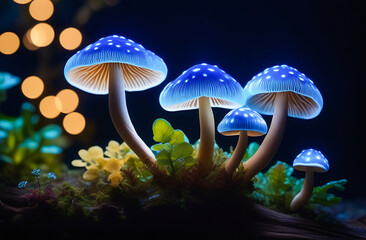 a cartoon mushroom tree with glowing blue and purple spores