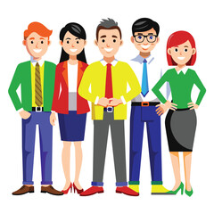 a group of five diverse office workers stand together, all wearing casual business attire and smilin