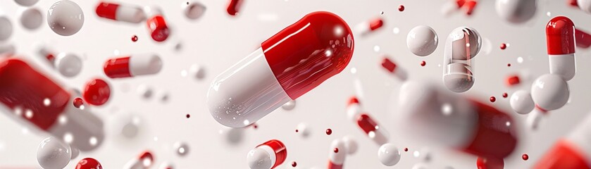 Poster - Against a pure white background, red and white pills hover surrounded by small white balls, creating a striking visual of balance and clarity. The design offers plenty of copy space for