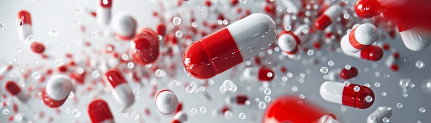 Poster - Floating red and white capsules intermingle with small white balls in a minimalist setting against a white backdrop. The image conveys a sense of precision and modernity, with ample copy space for