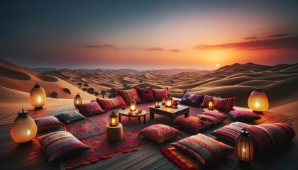 Wall Mural - luxurious desert oasis at sunset, featuring an inviting lounge area with vibrant traditional textiles and pillows.