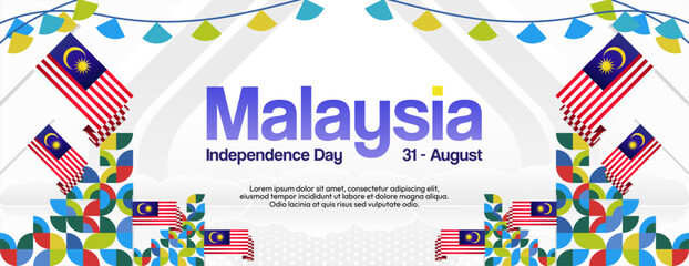 Malaysia Independence Day banner in modern geometric style. Wide banner with typography and also country flag. Background for National holiday celebration party. Happy Merdeka Day of Malaysia