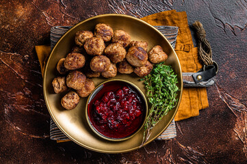 Canvas Print - Beef meatballs with lingonberries jam, swedish meatballs. Dark background. Top view
