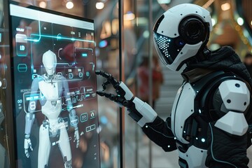 Wall Mural - A humanoid robot with a sleek, white design interacts with a touchscreen interface, displaying various AI functions and options. The robot is situated in a modern setting. Generative AI
