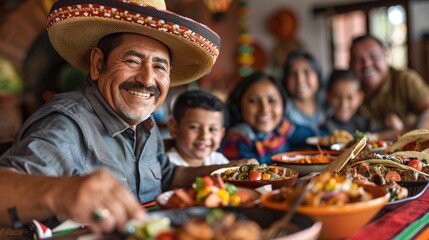smiling Mexican man wears traditional near the platters filled with various dishes of authentic delicious street food