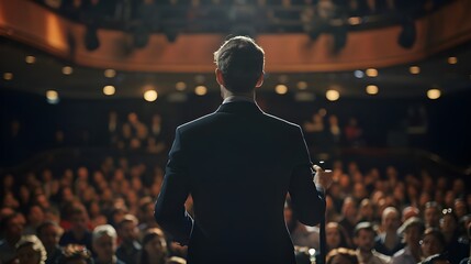 Back view of a man speaking in front of the crowd while dressed professionally on stage.