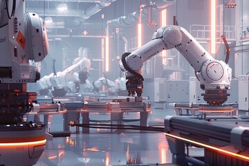 Poster - A clean, efficient, and industrial environment featuring a high-tech manufacturing plant with robotic arms and automated systems controlled by AI to optimize production processes. Generative AI