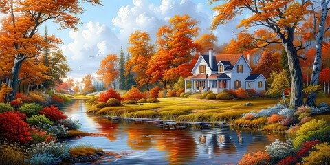 Wall Mural - Autumnal House by the River