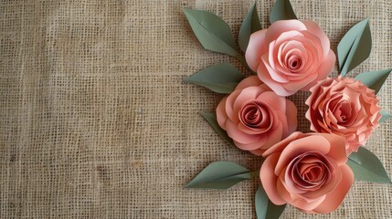 Wall Mural - Paper rose bouquet on burlap background with space for text