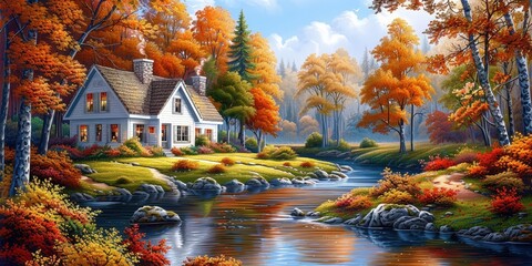 Wall Mural - Autumn Cottage by the River