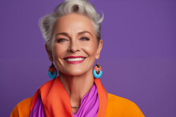 Mature middle aged stylish modern woman wearing bright colored neon cloths in purple background, Short haired smiling happy woman wearing fancy jewelries, good health with good skin care, Granny Model