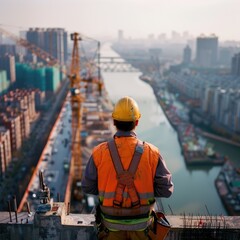 Wall Mural - Professional Engineer Surveying Bridge Construction Over River in Urban Setting on Sunny Day