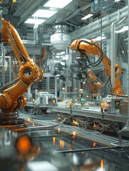 Fototapete - A clean, high-tech manufacturing facility featuring robotic arms and automated systems, highlighting the efficiency of AI-driven production processes. Generative AI