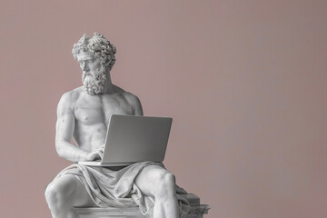 Ancient Greek sculpture of a man with laptop