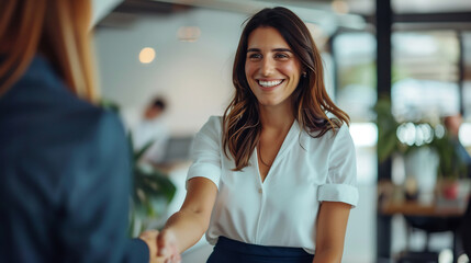 Wall Mural - smiling businesswoman shaking hands with a colleague in a modern office, exuding professionalism and