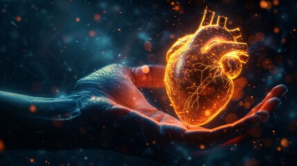 Poster - a hand gently cradles a glowing, digital heart, emitting a soft luminescence against a dark, futuris