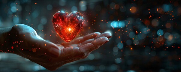 Poster - In a high-tech, dark setting, a hand holds a radiant, digital heart, its light piercing through the shadows. The futuristic background enhances the contrast, emphasizing the intersection of