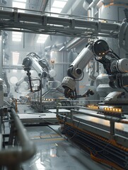 Poster - A glimpse into a futuristic, highly-automated manufacturing facility featuring robotic arms and AI-controlled systems, showcasing advanced production processes. Generative AI