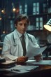 © steve - Doctor in Lab Coat: A doctor wearing a lab coat and glasses, sitting at a desk examining medical documents.